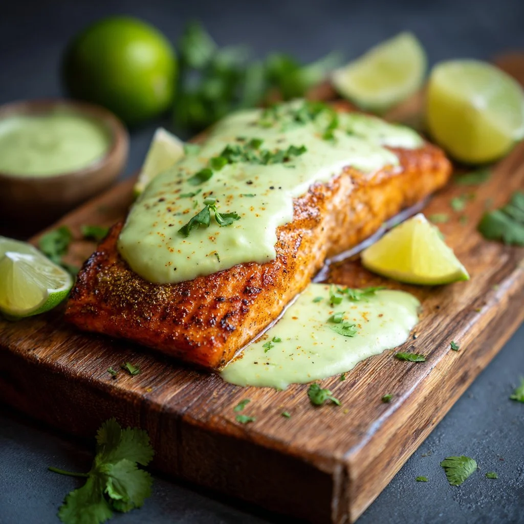 Baked Cajun Salmon with Avocado Lime Sauce served on a plate