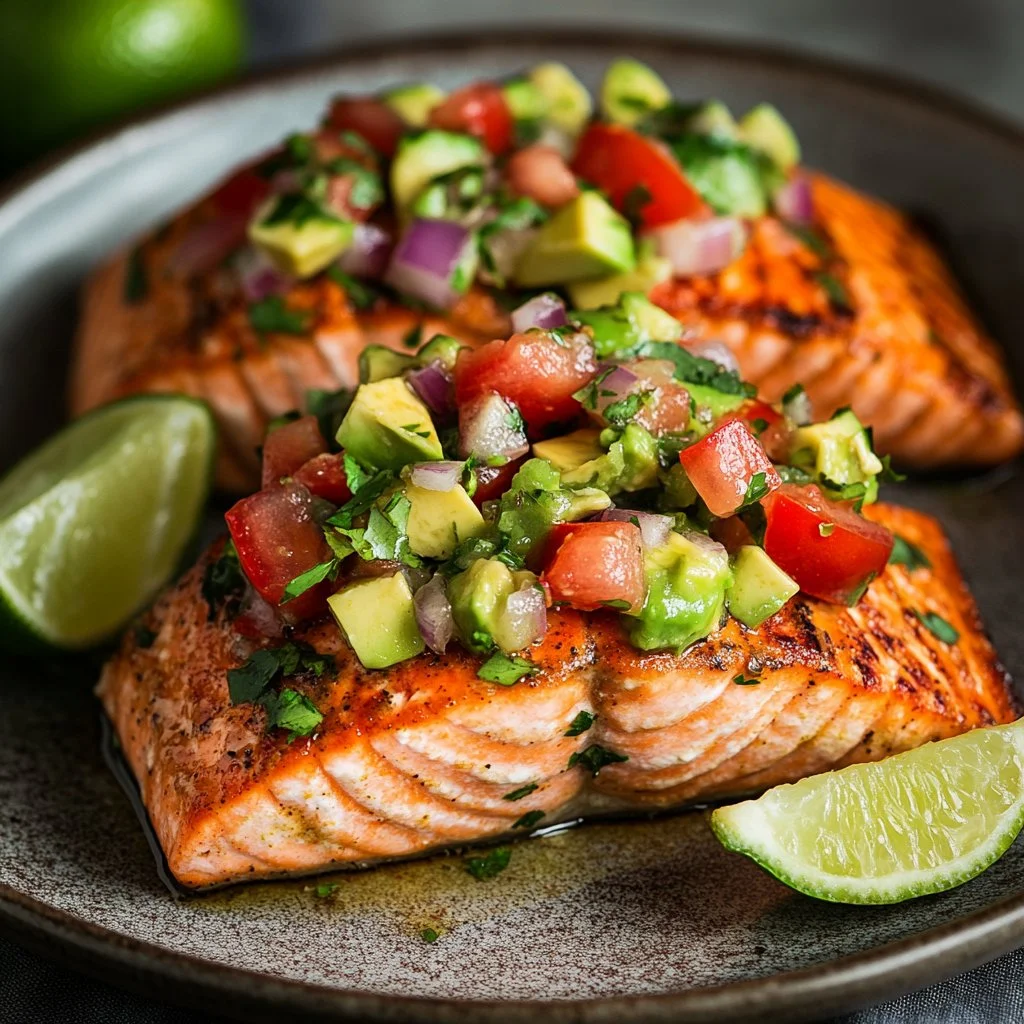 Baked cilantro lime salmon garnished with avocado salsa on a plate