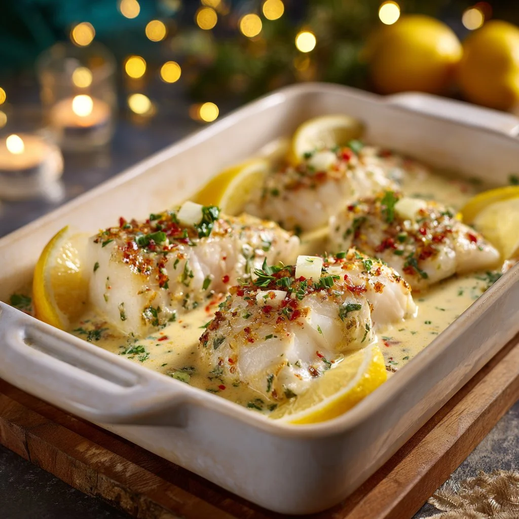 Baked cod fillets in coconut lemon cream sauce garnished with herbs
