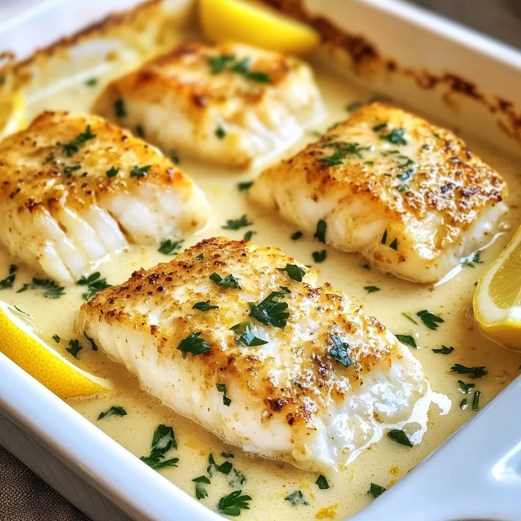 Baked Cod fillet in Coconut Lemon Cream Sauce on a plate