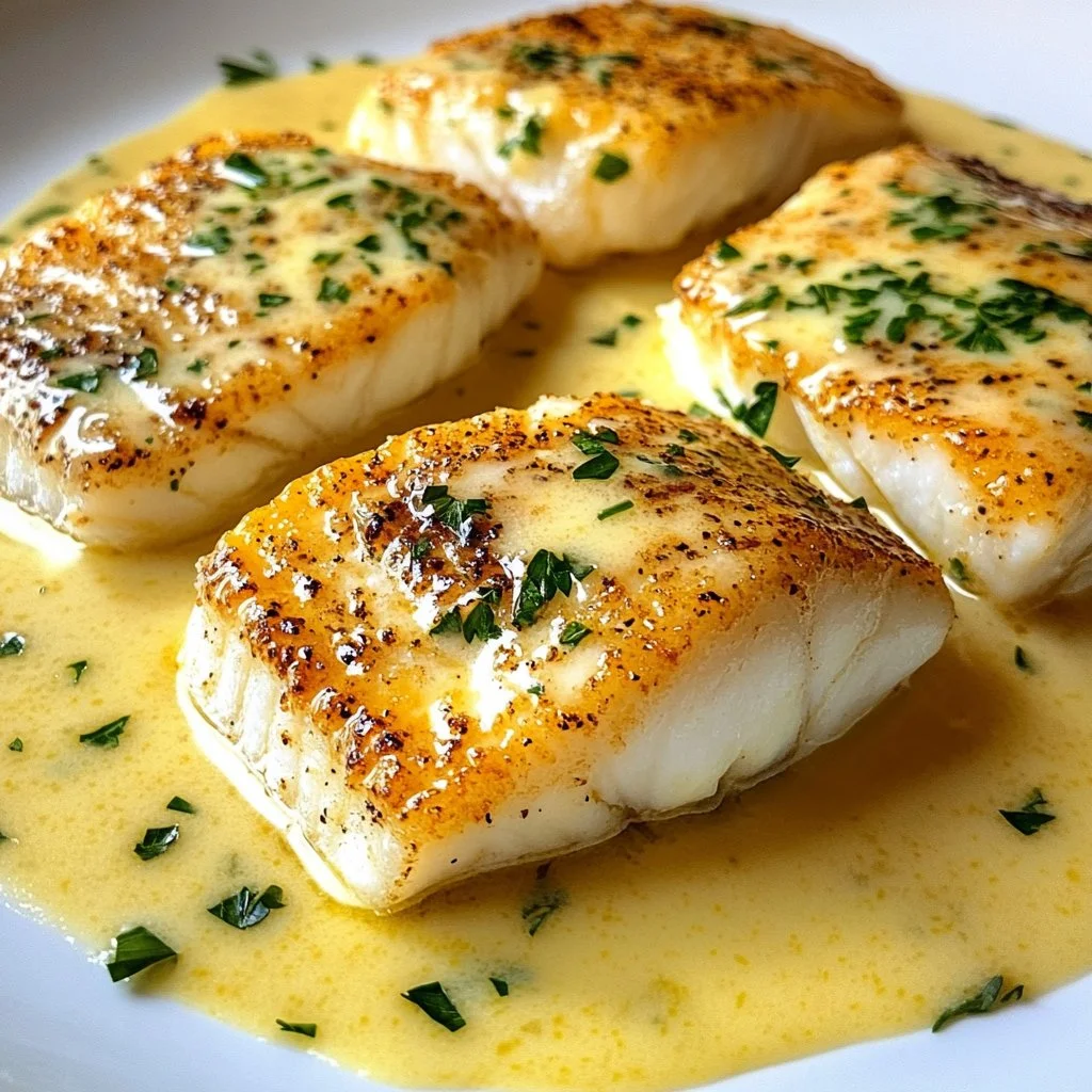 Delicious baked cod in creamy coconut lemon sauce served on a plate