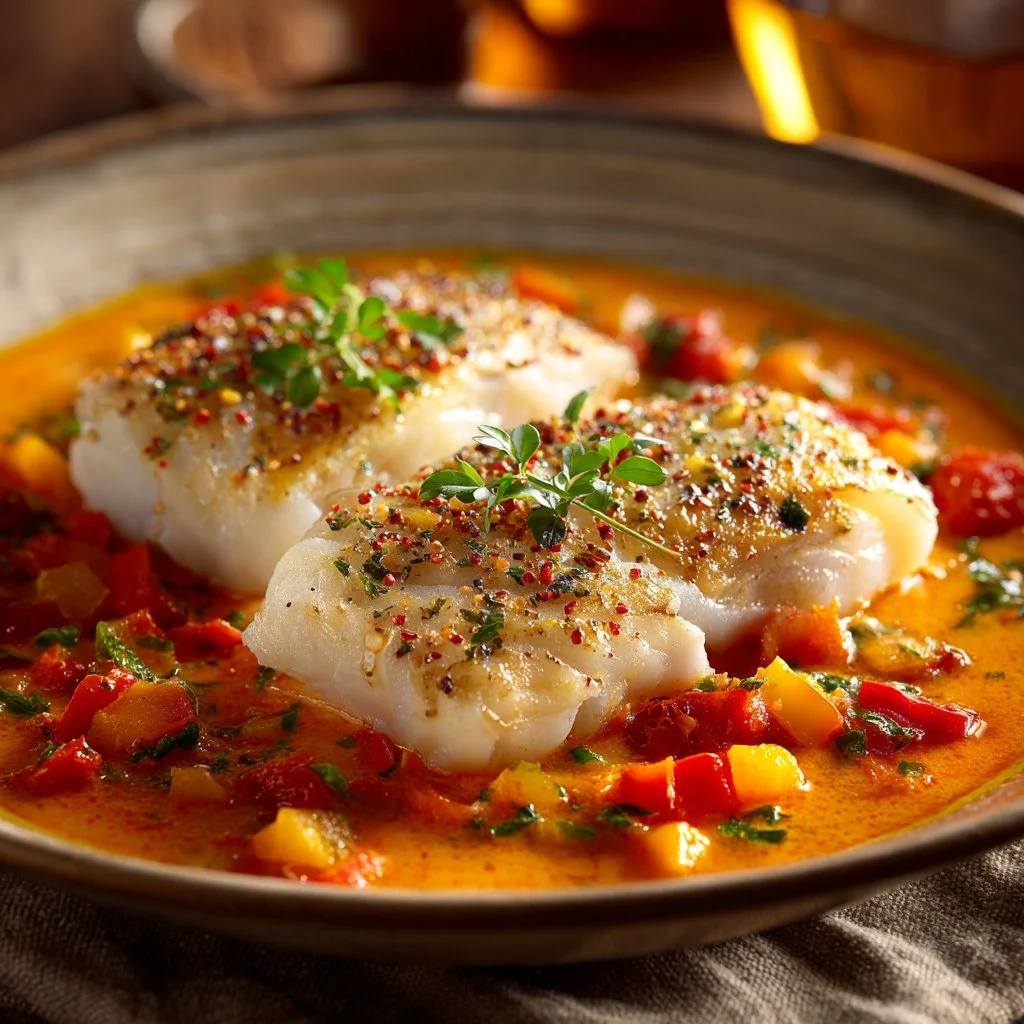 Baked cod fillet served in creamy roasted red pepper sauce