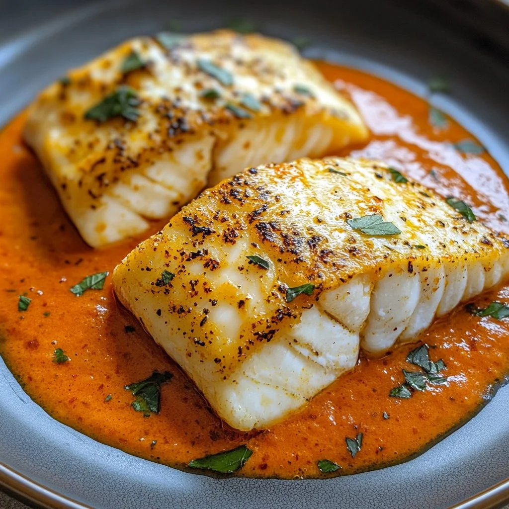 A succulent baked cod fillet topped with creamy roasted red pepper sauce.