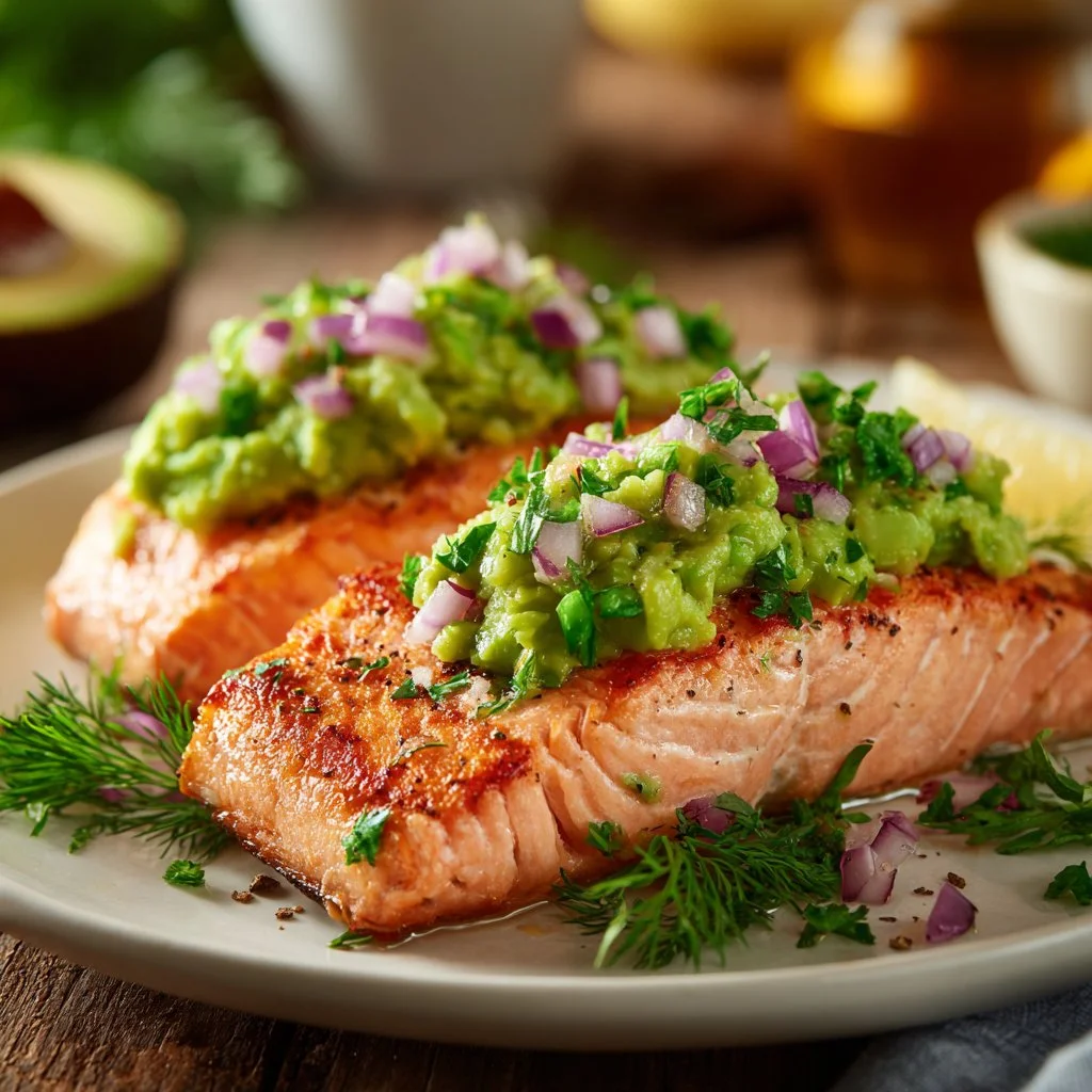 Delicious baked salmon fillet garnished with fresh herbs and lemon.