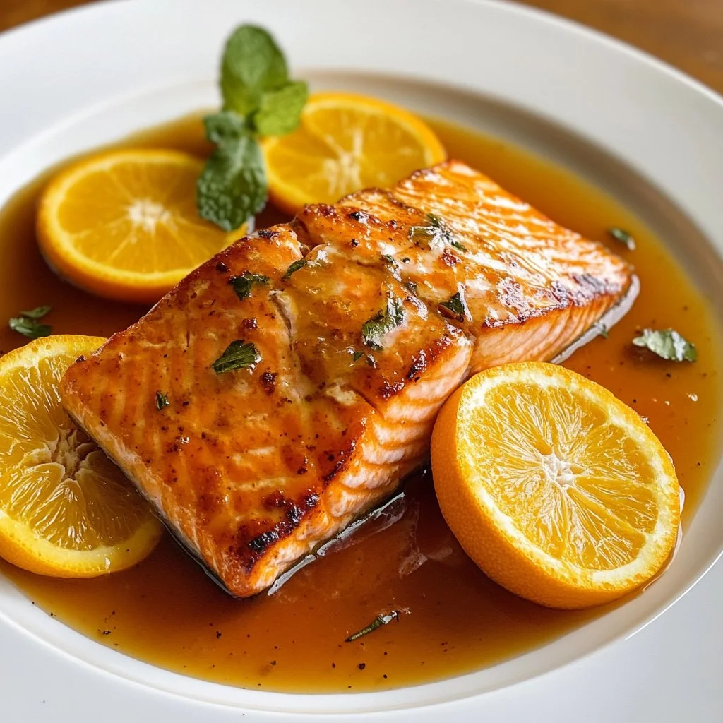 Baked salmon with citrus glaze on a plate garnished with herbs.