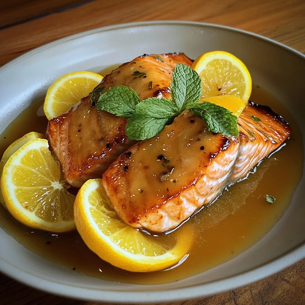 Baked salmon fillet topped with citrus glaze garnished with fresh herbs