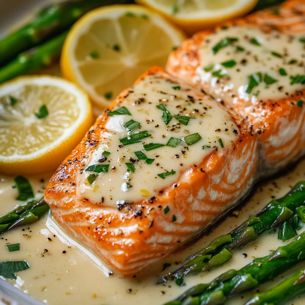 Baked salmon fillet topped with lemon butter cream sauce on a plate