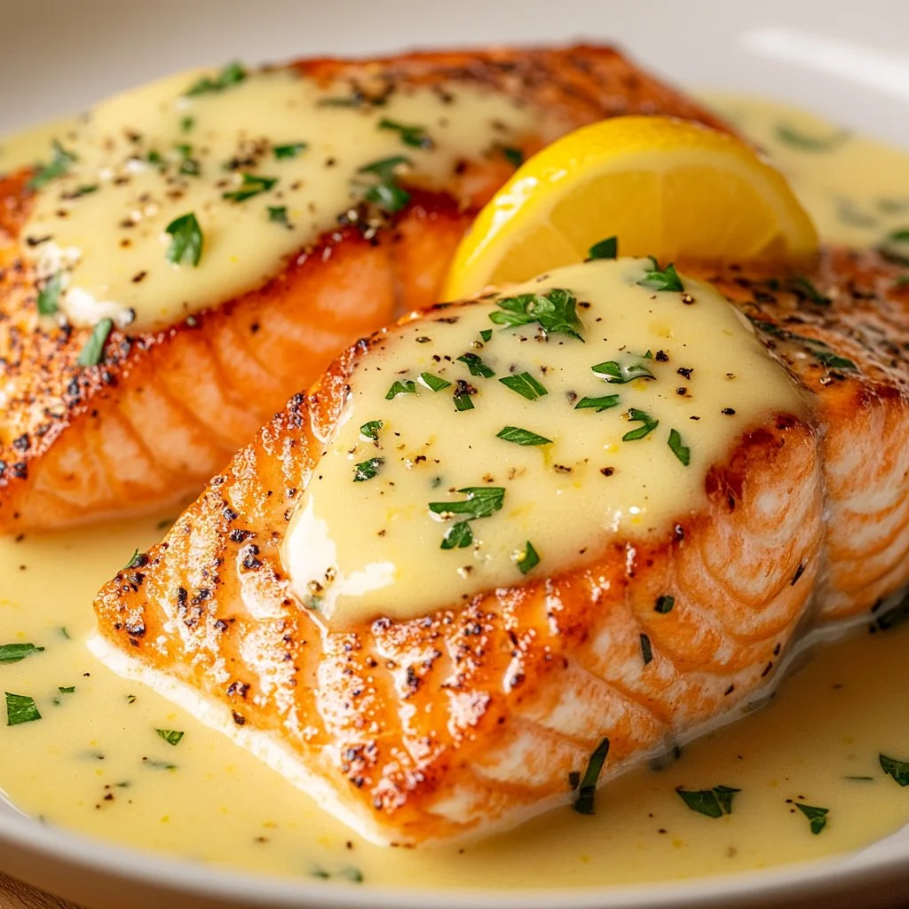 Baked salmon fillet topped with lemon butter cream sauce