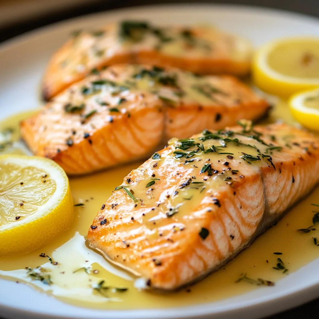 Baked salmon fillet topped with lemon butter cream sauce on a plate