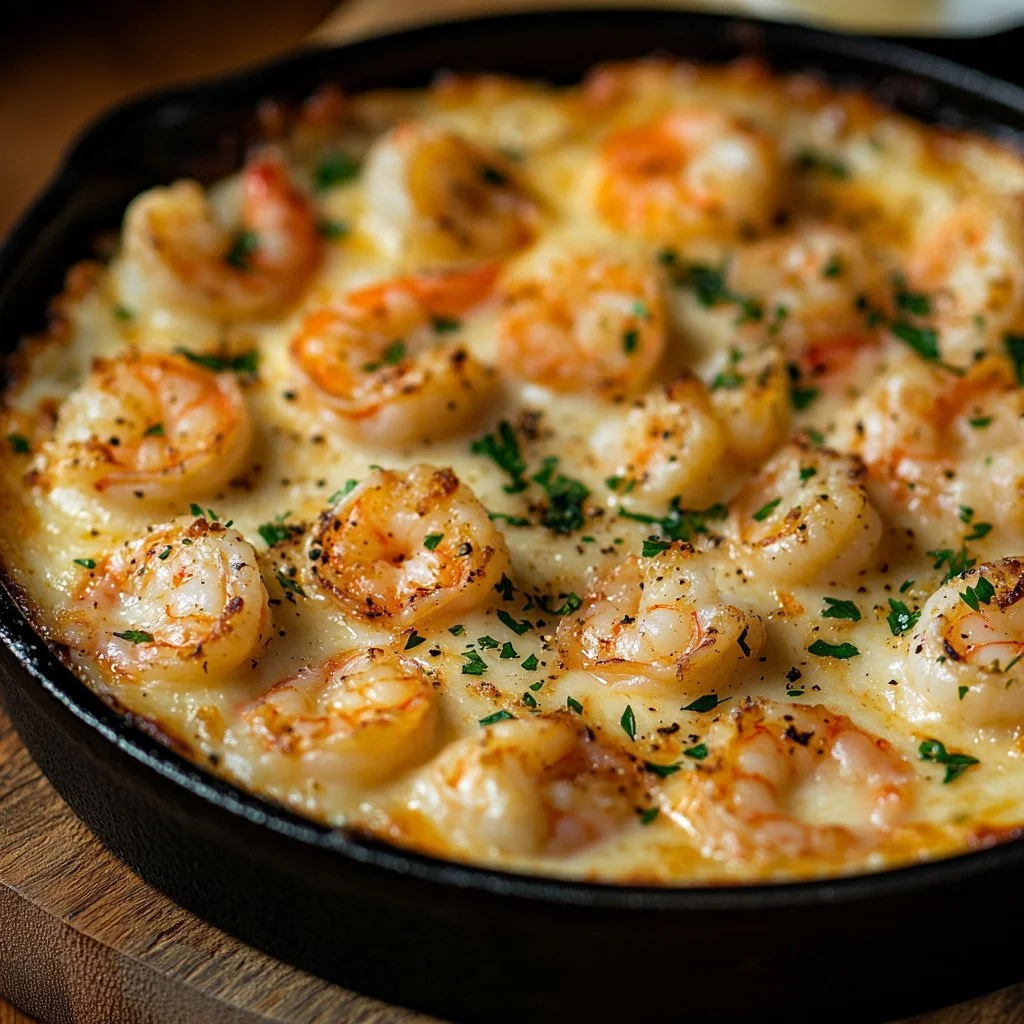 Baked shrimp dip served in a bowl with crackers on the side