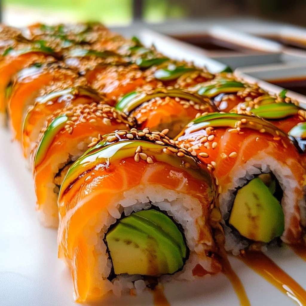 Baked spicy salmon sushi casserole served in a dish with colorful toppings