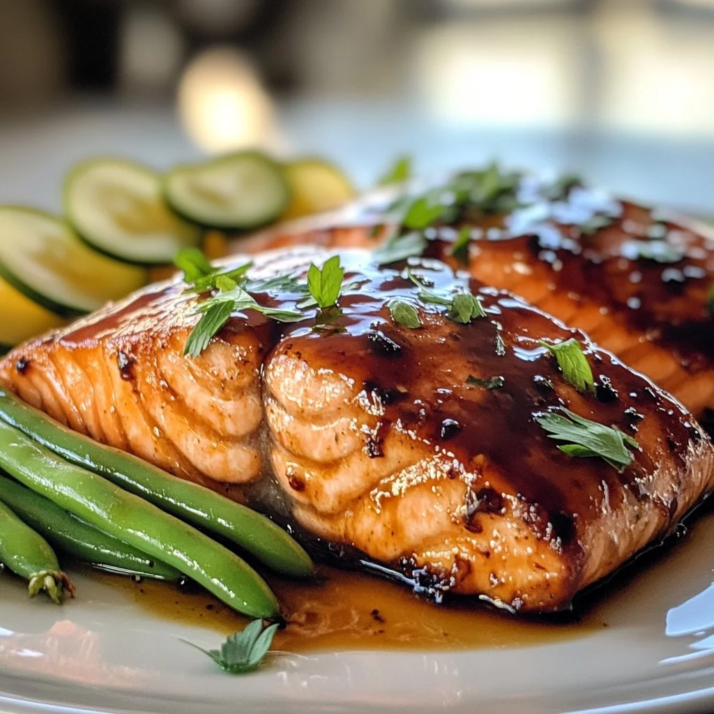 Plate of balsamic glazed salmon garnished with herbs and served with vegetables