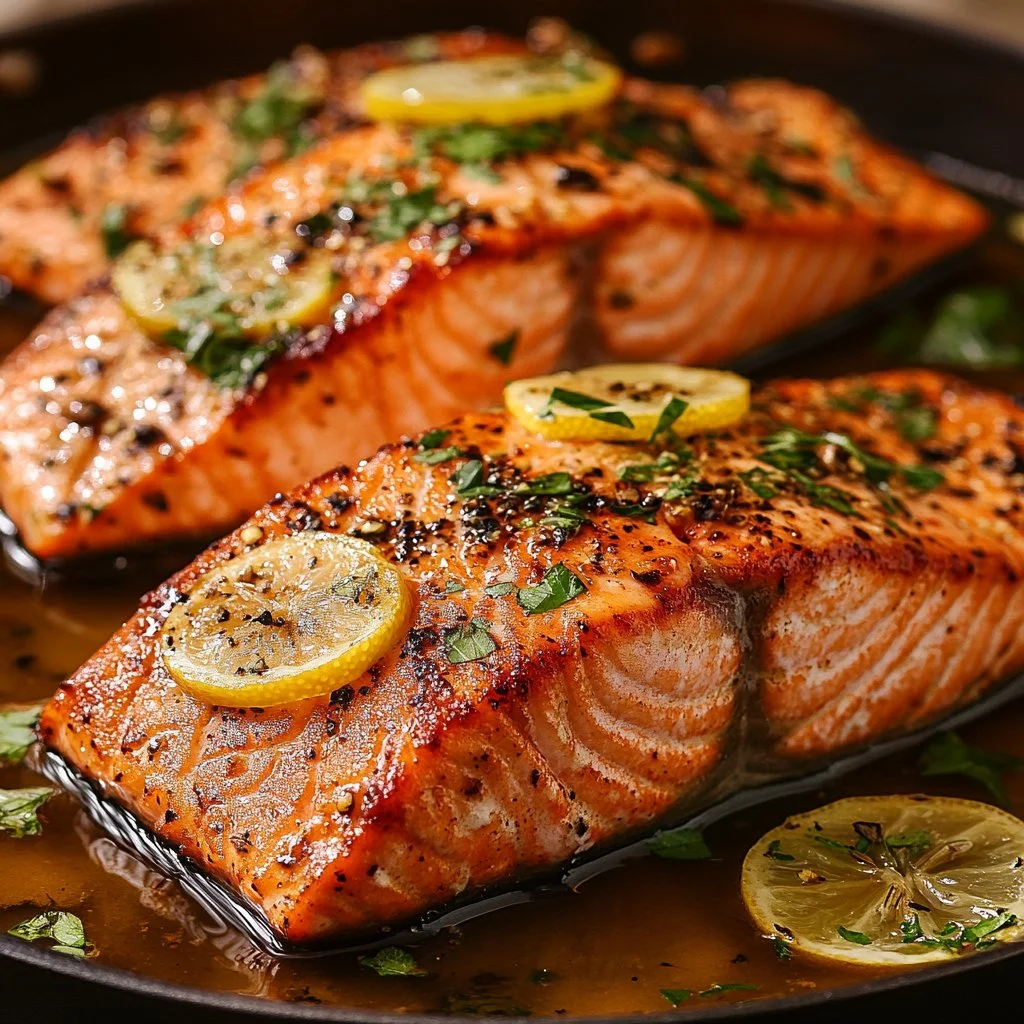 Delicious and easy salmon recipe served with fresh vegetables and lemon.