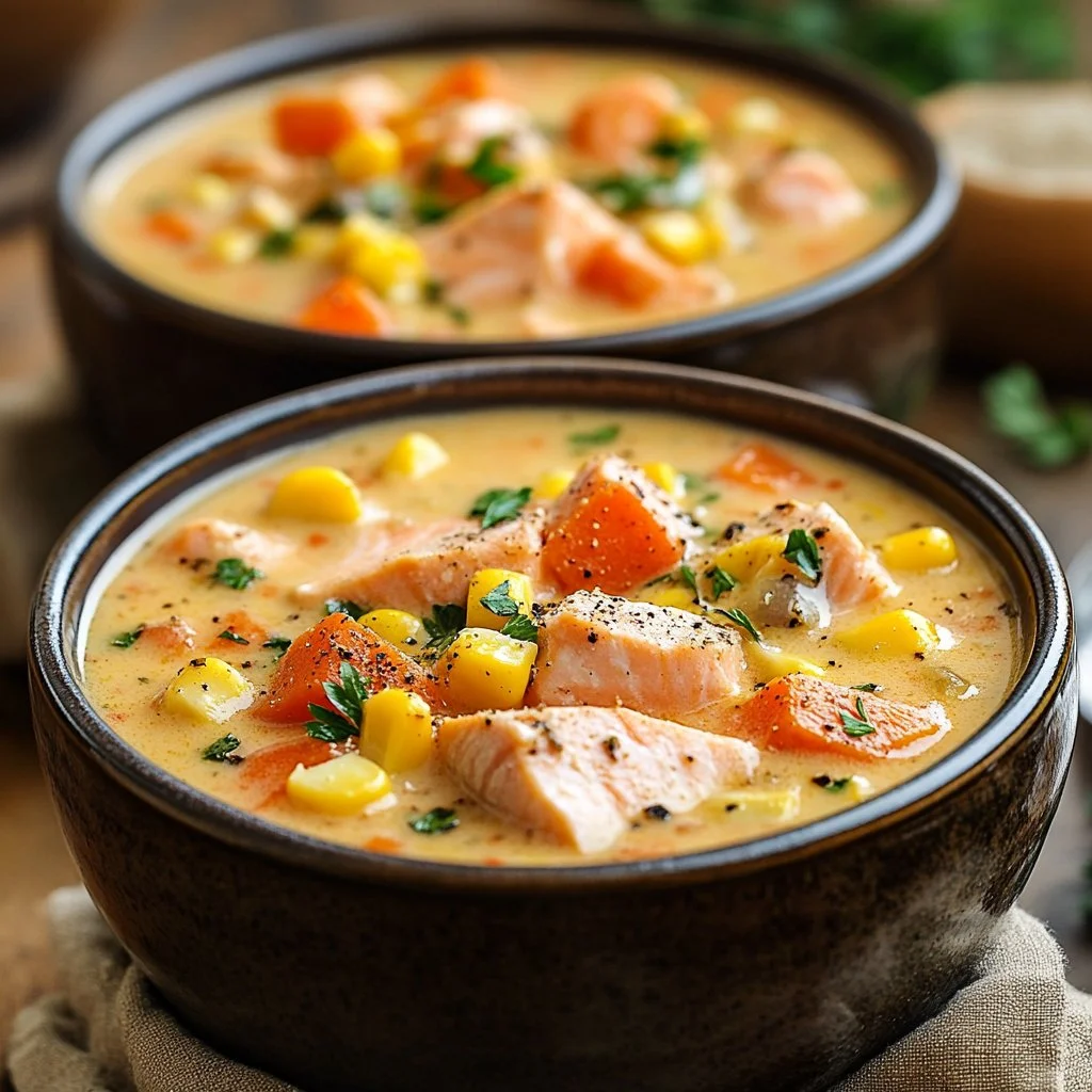 Delicious bowl of salmon chowder topped with herbs and served with bread