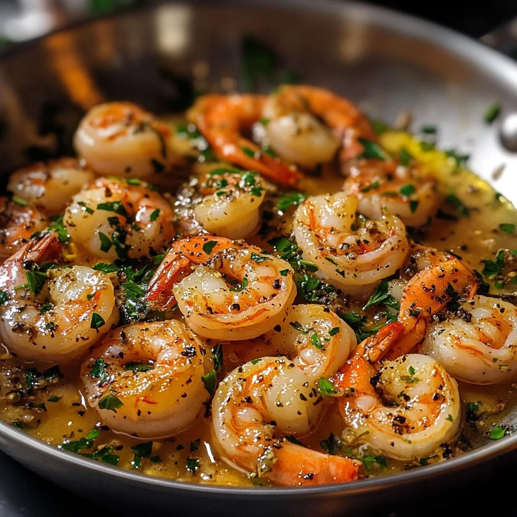 Delicious plate of shrimp scampi garnished with parsley and lemon.