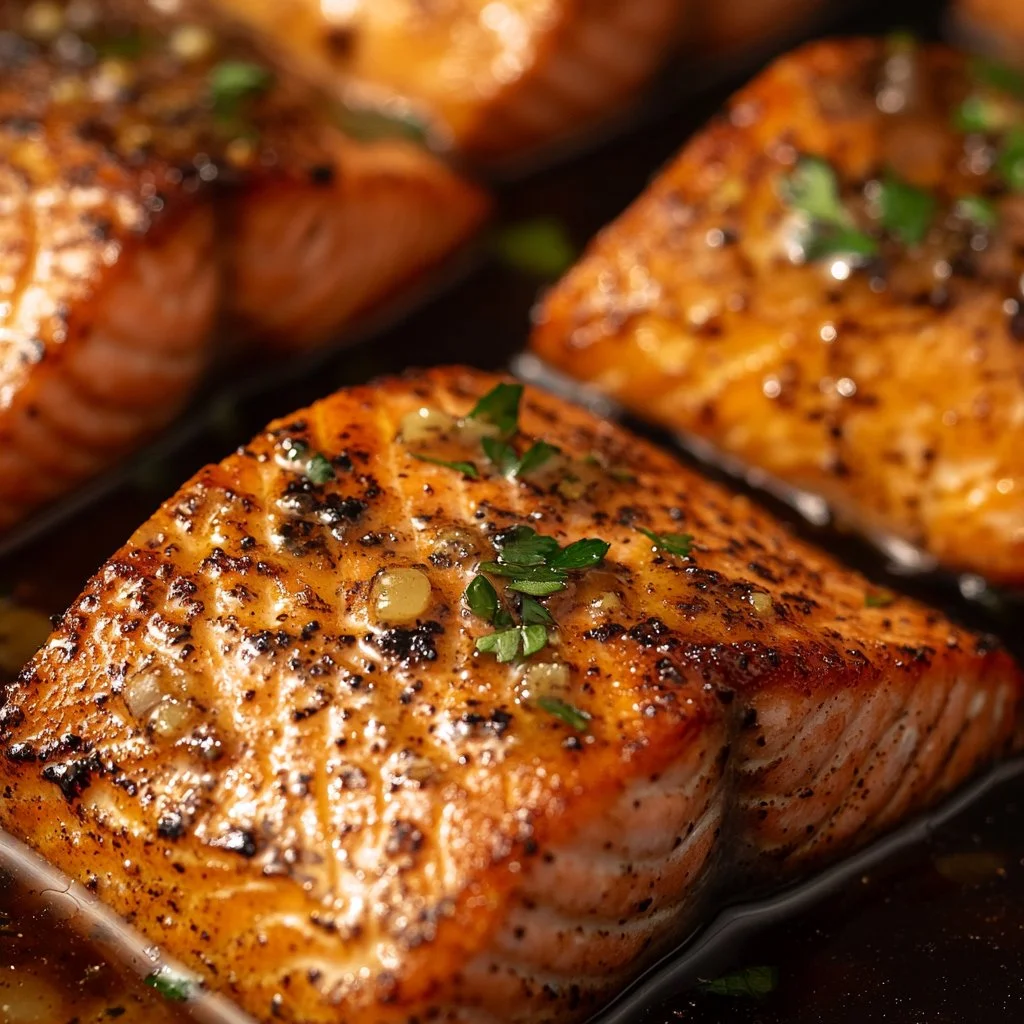 Delicious blackened salmon plated with honey lemon butter sauce