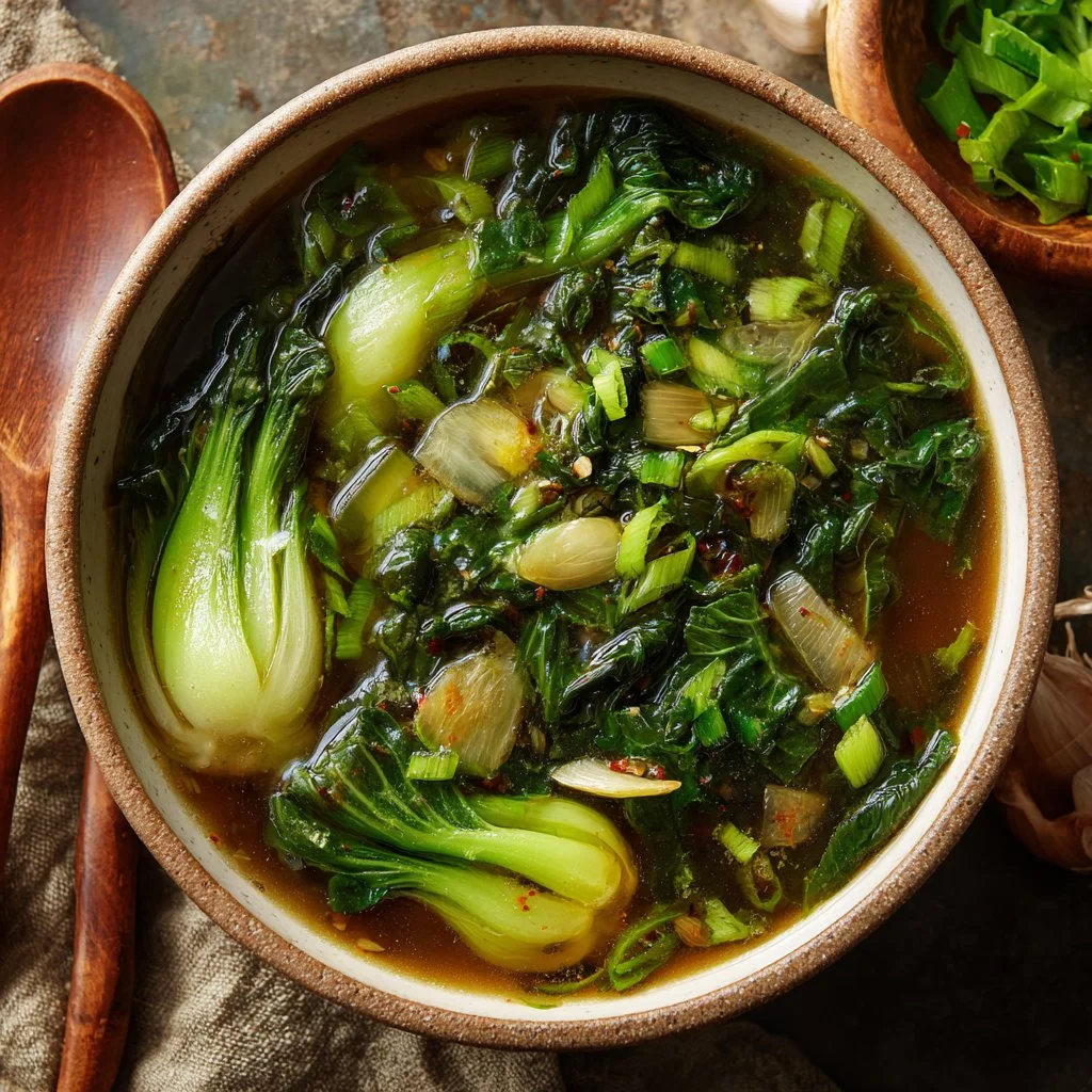 Bok Choy Soup with Garlic and Ginger in a bowl