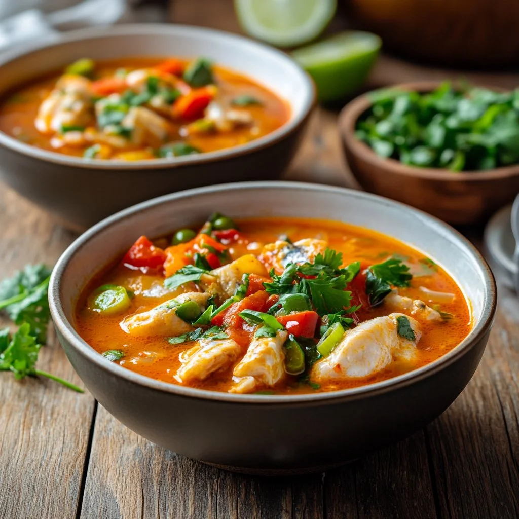 A bowl of Brazilian Fish Stew, showcasing fresh fish and colorful vegetables.