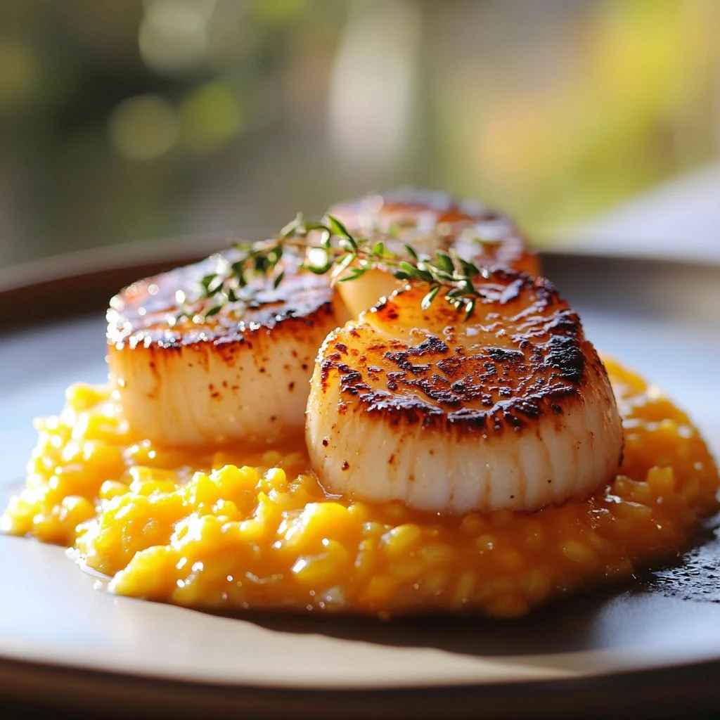 Delicious brown butter scallops with butternut squash risotto on a plate.