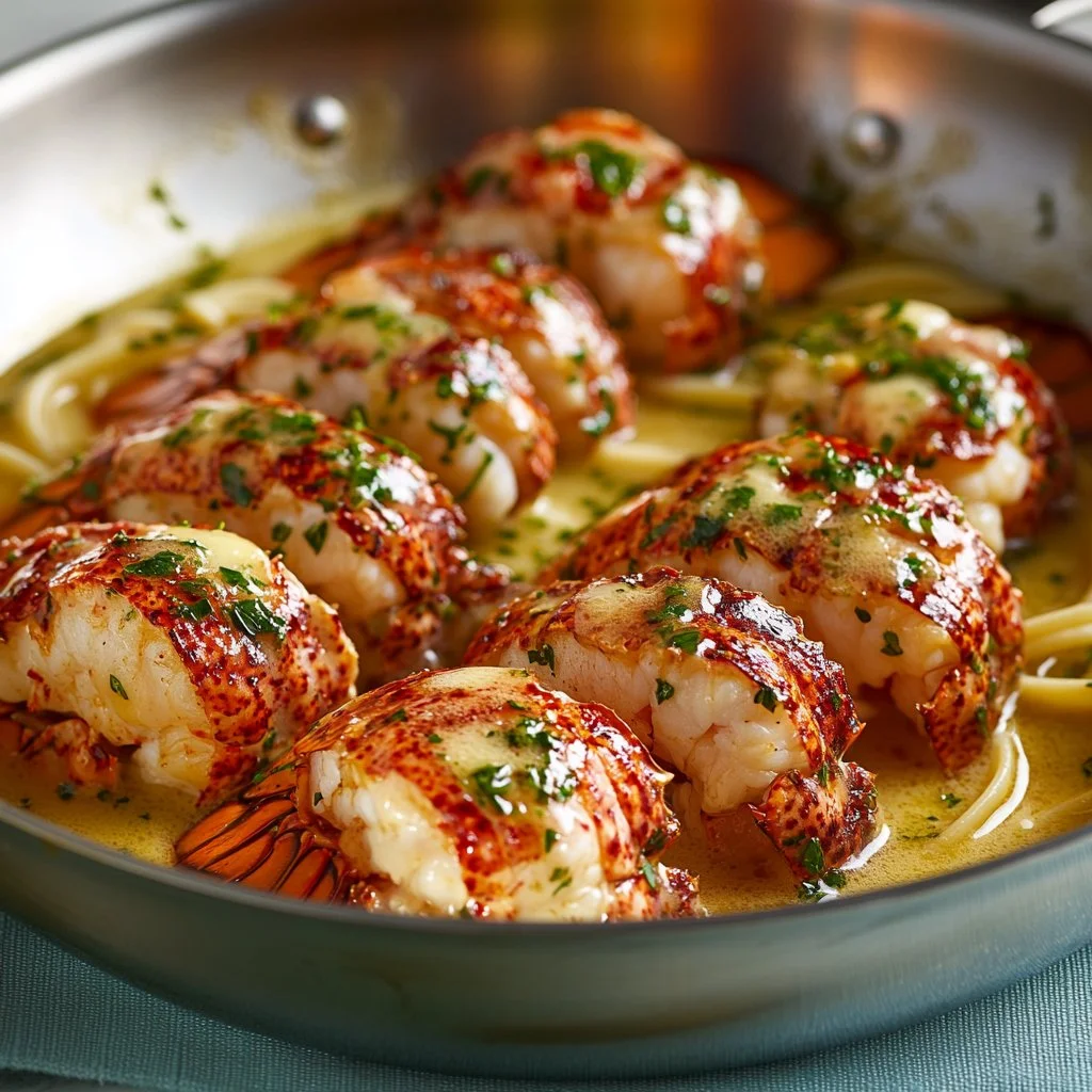 Butter poached lobster tails served over linguine pasta in a gourmet dish