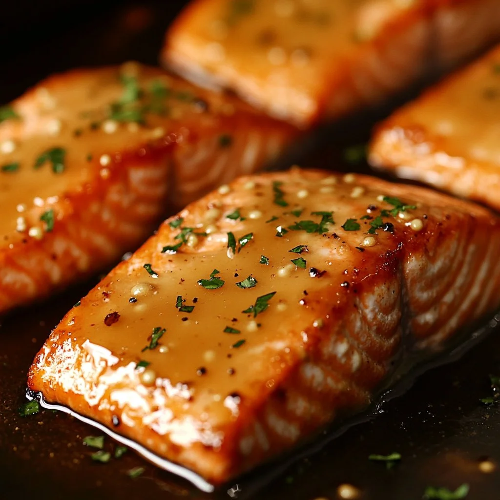 Buttered Honey Mustard Oven Baked Salmon served on a plate with garnish