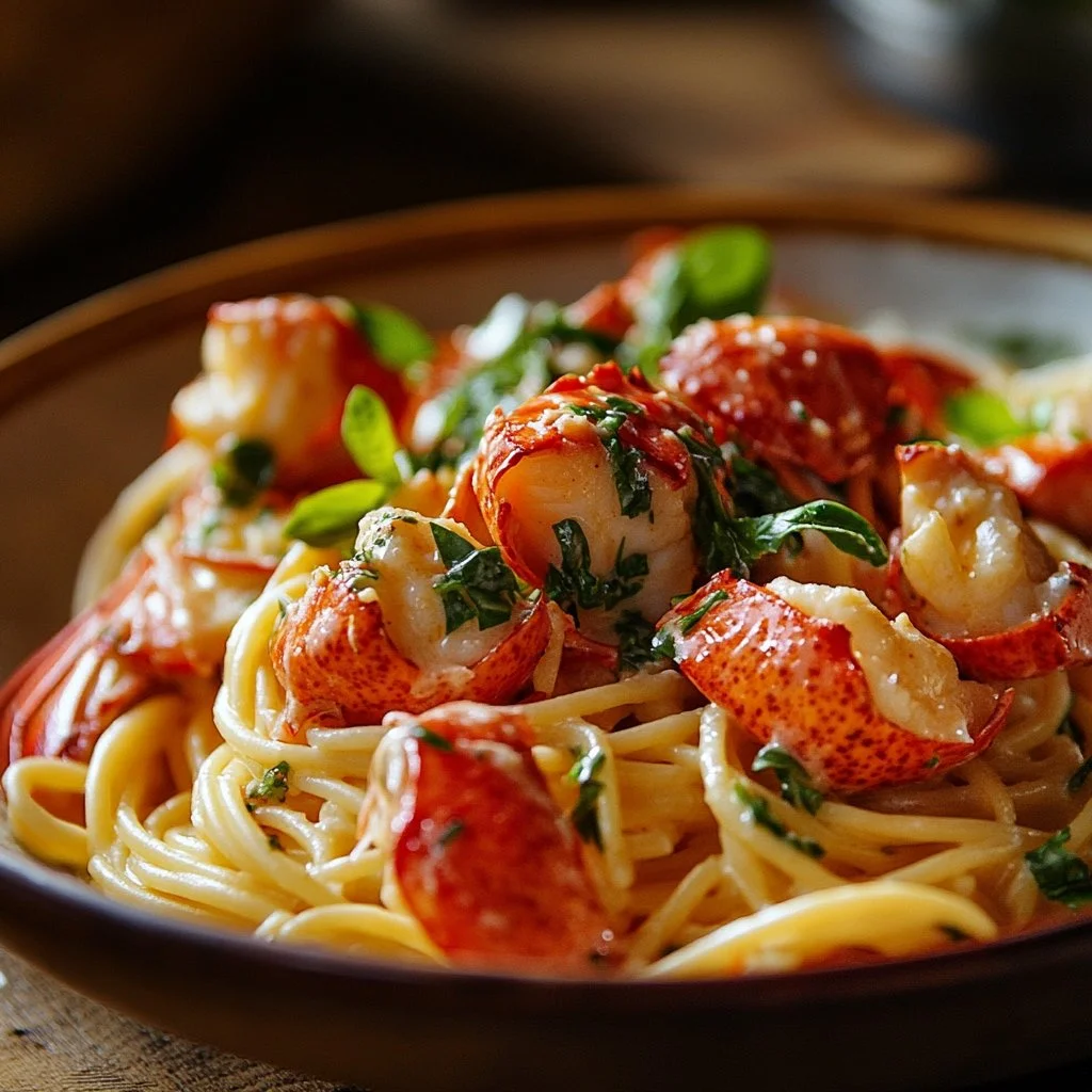 Delicious buttered lobster pasta garnished with herbs and fresh ingredients