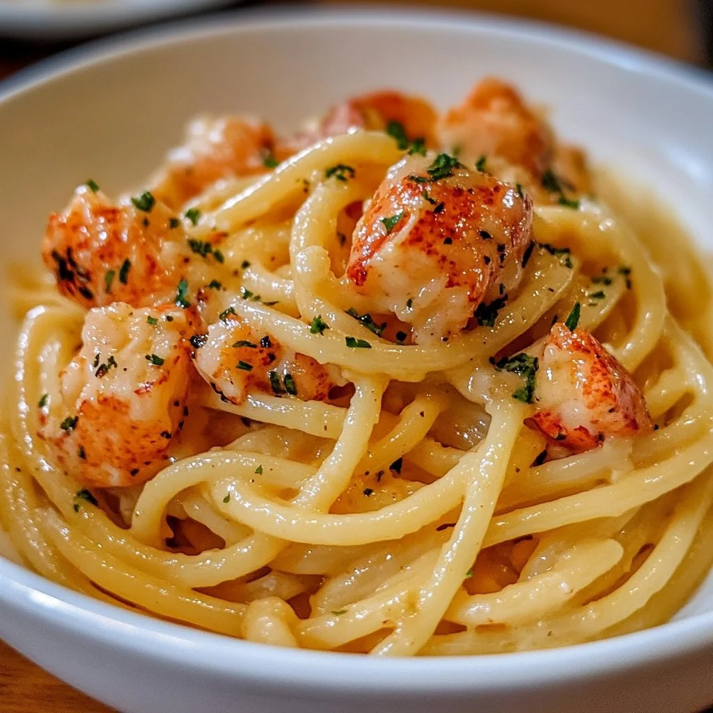 A plate of buttered lobster pasta garnished with fresh herbs and lemon.