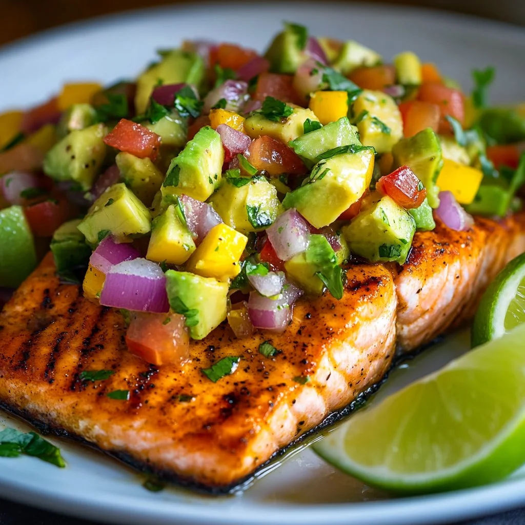 Cajun Salmon fillet served with vibrant avocado salsa on a plate