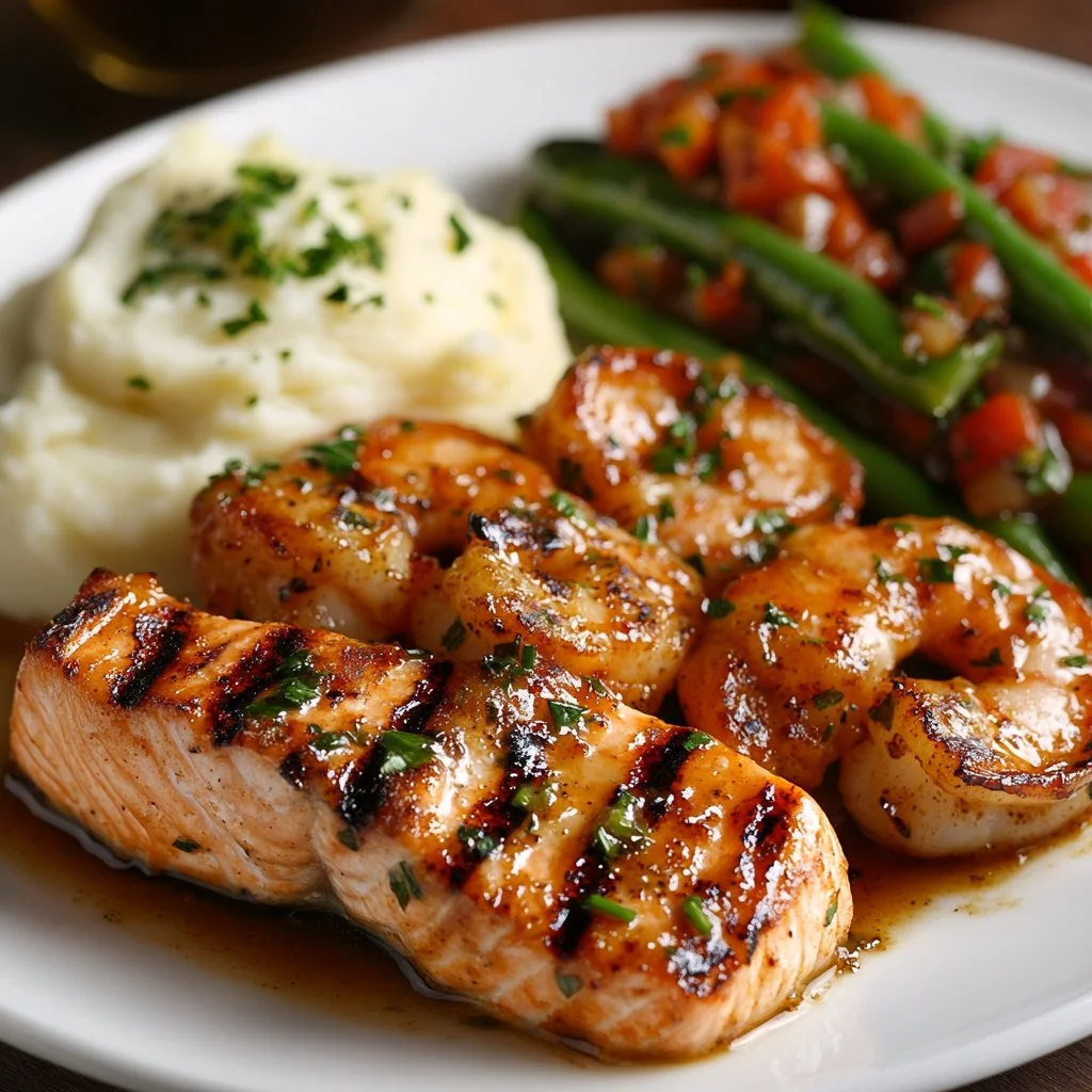 Cajun shrimp and salmon in creamy garlic sauce on a plate