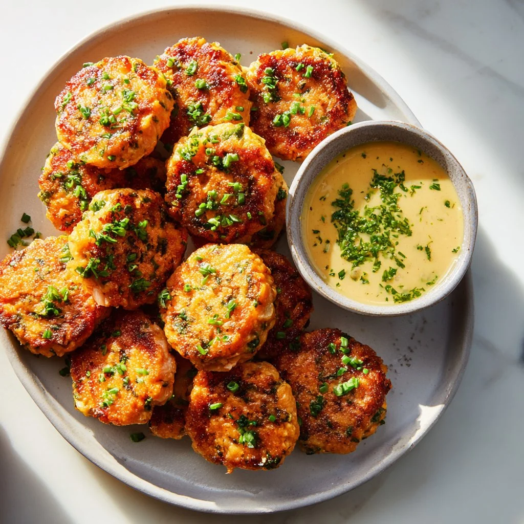 Homemade canned salmon patties served with sauce on a plate