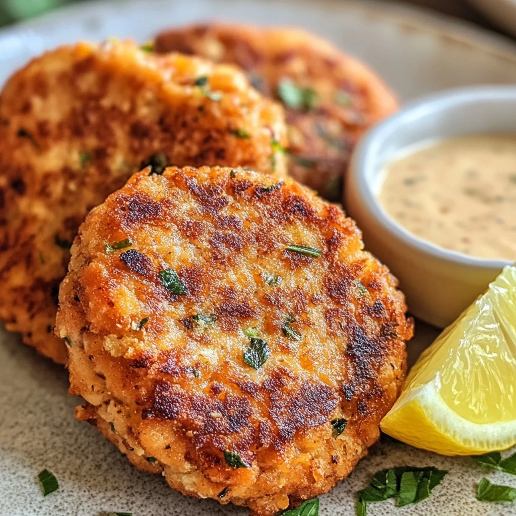 Canned salmon patties served on a plate with fresh herbs and dipping sauce.