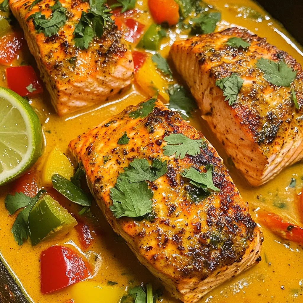 Delicious Caribbean Coconut Curry Salmon served with rice and herbs
