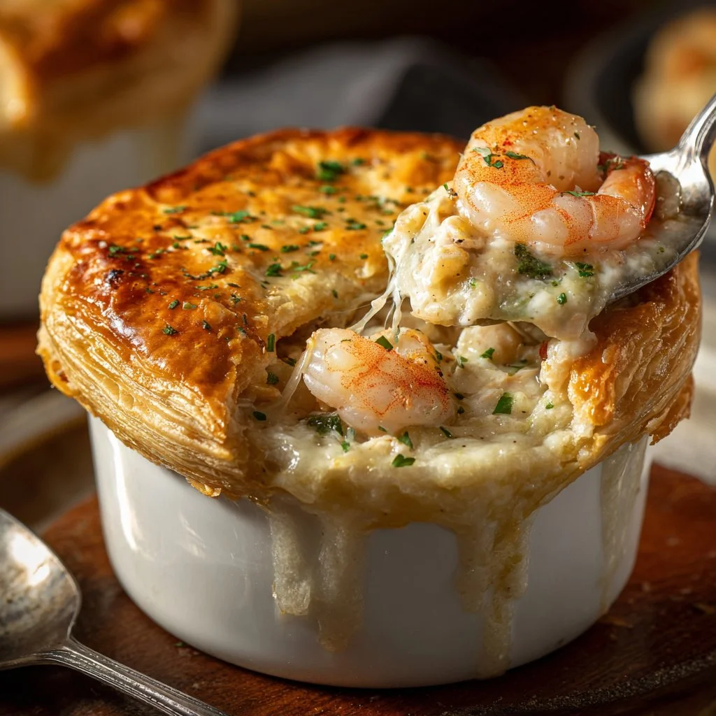 Delicious Cheddar Bay Biscuit seafood pot pie served in a rustic bowl