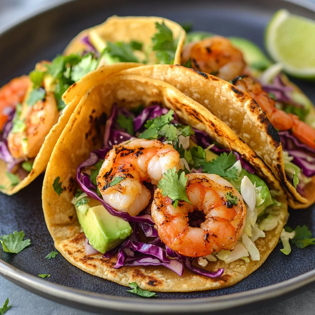 Cilantro lime shrimp tacos served with fresh toppings and lime wedges.