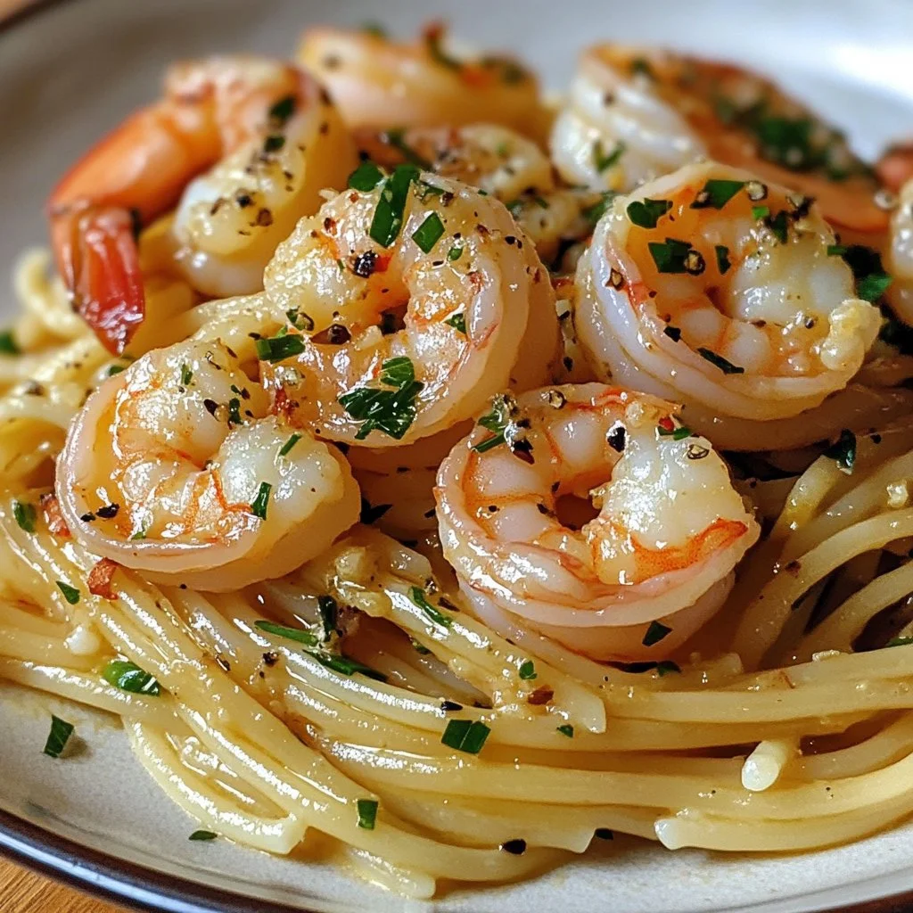 Plate of classic shrimp scampi with garlic, parsley, and pasta.