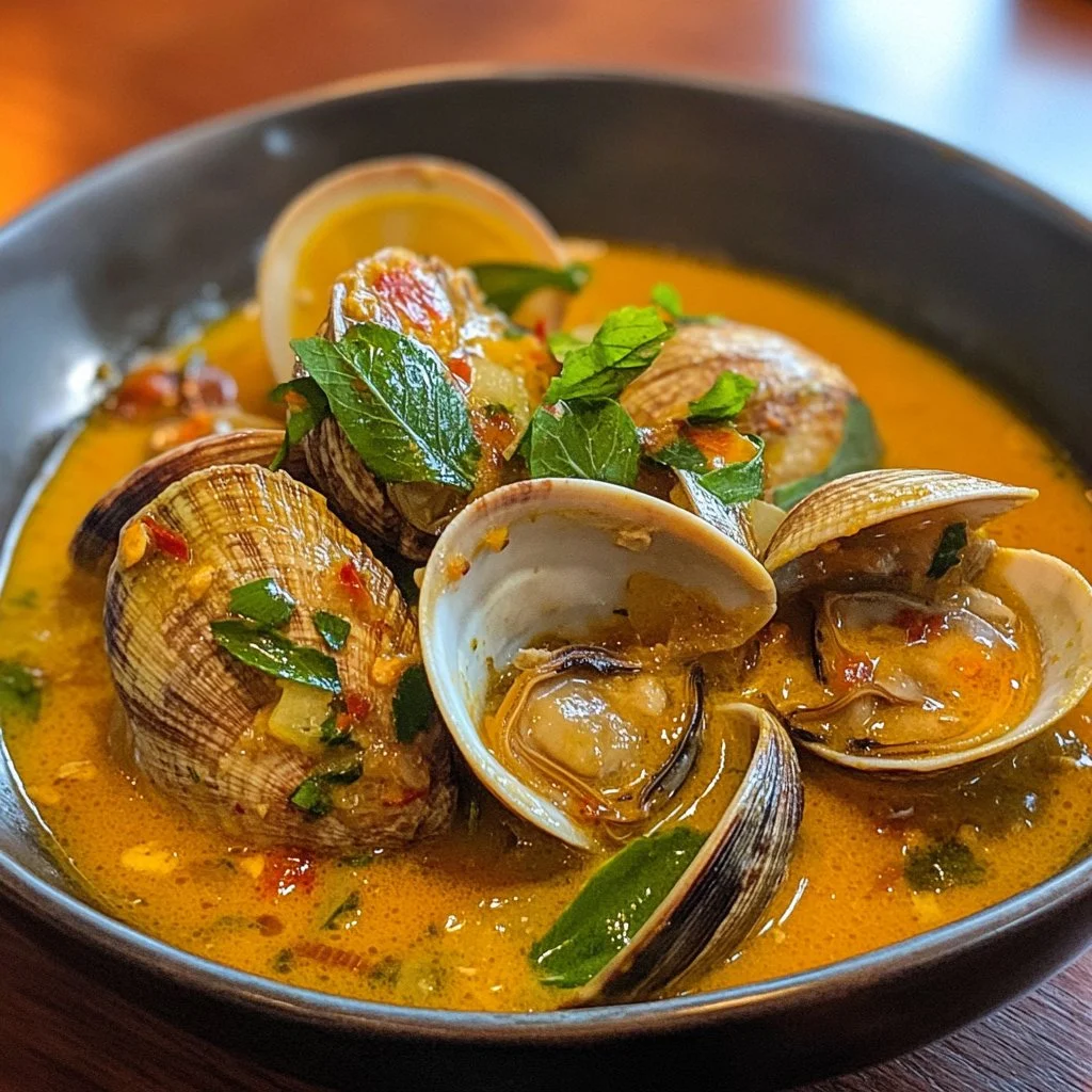 Bowl of Coconut Broth Clams with Lemongrass garnished with herbs