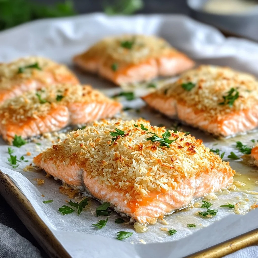 Delicious coconut crusted salmon served with fresh vegetables