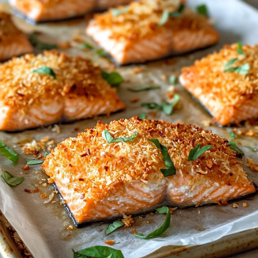Coconut Crusted Salmon recipe with crispy coconut and vibrant garnishes