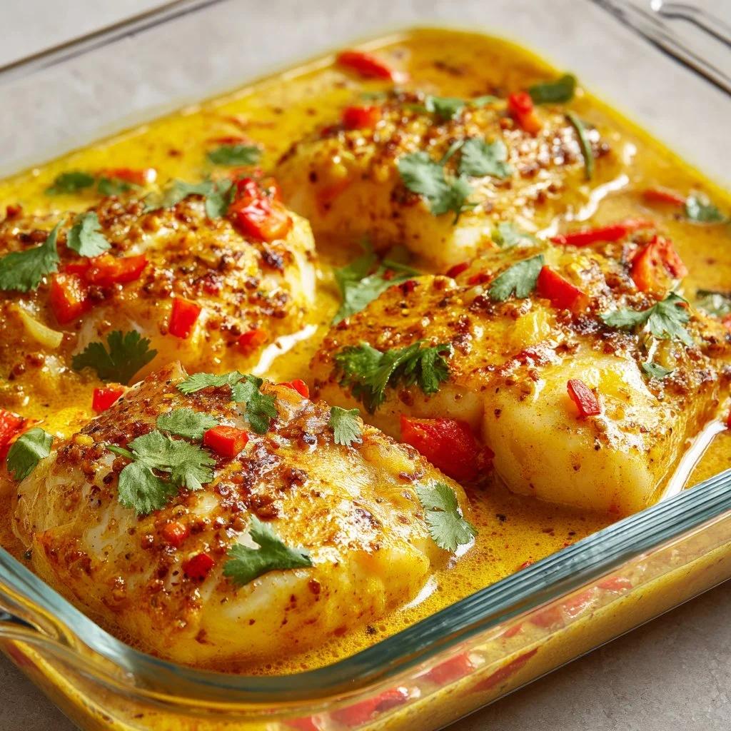 Delicious Coconut Curry Baked Cod served on a plate with fresh herbs