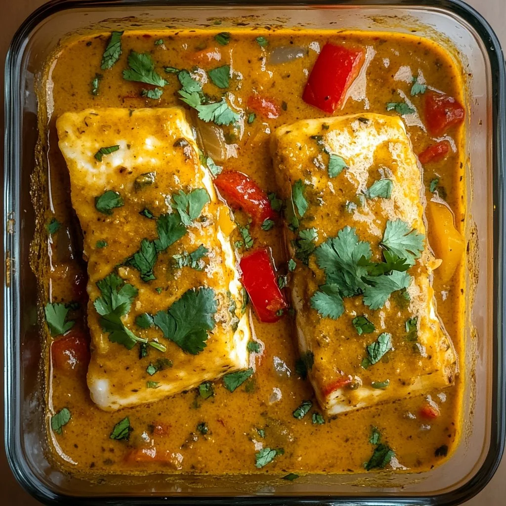 A plate of Coconut Curry Baked Cod garnished with fresh herbs and served with rice.