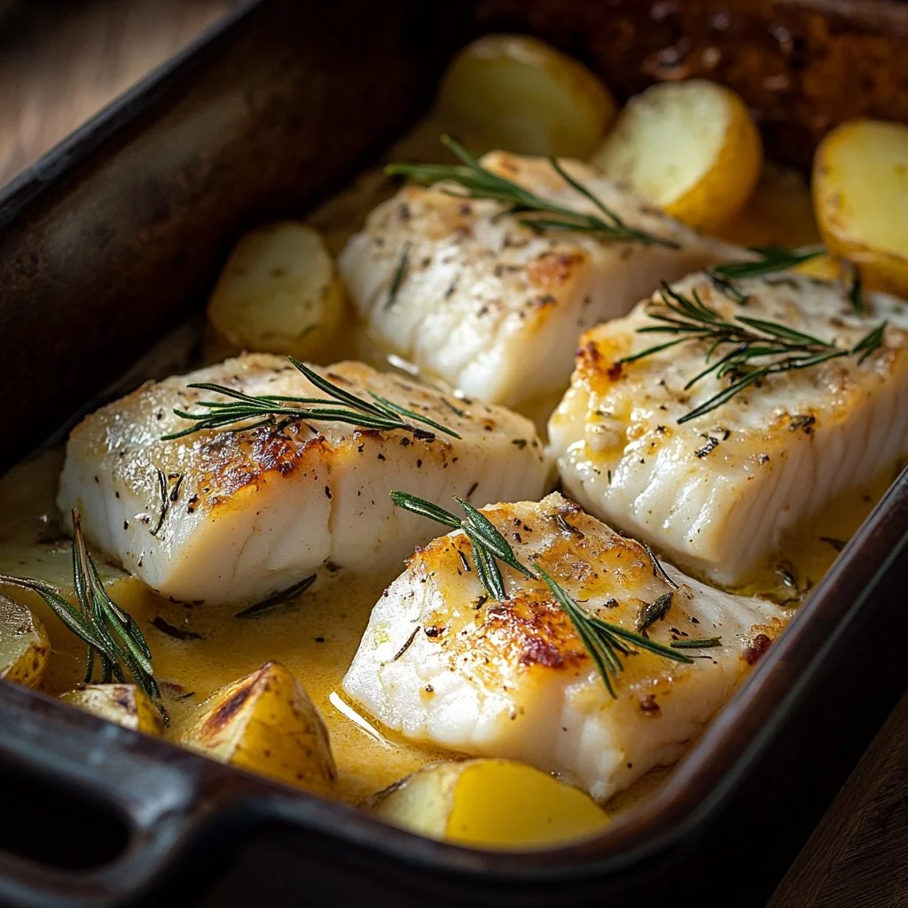 Plate of cod and potatoes in creamy rosemary sauce