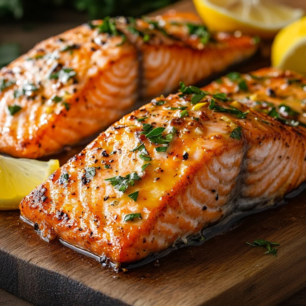 Delicious baked salmon inspired by Texas Roadhouse recipe, garnished and plated.