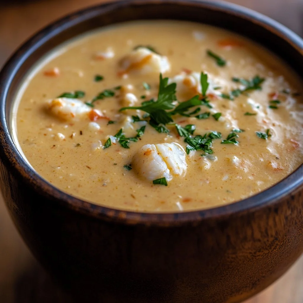 Bowl of crab and shrimp seafood bisque garnished with herbs