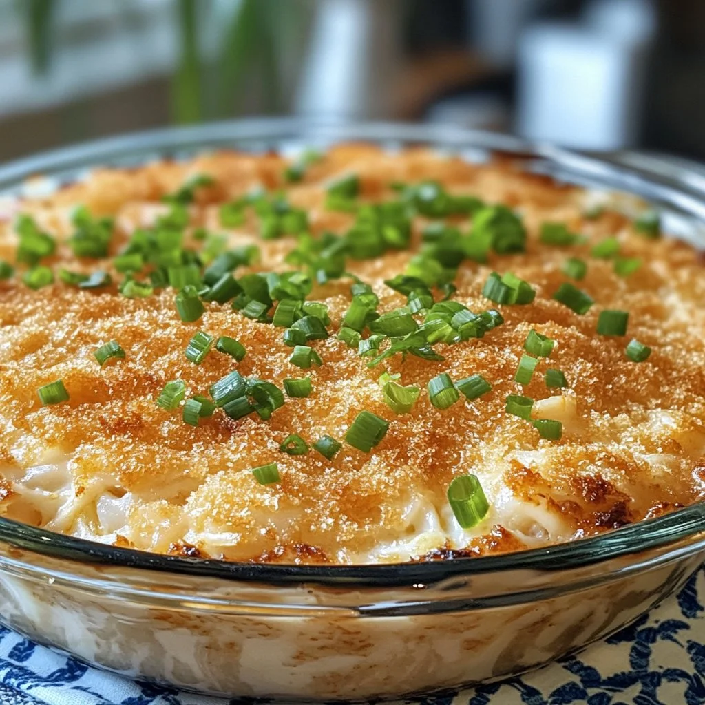 Delicious crab casserole served in a baking dish with fresh herbs.