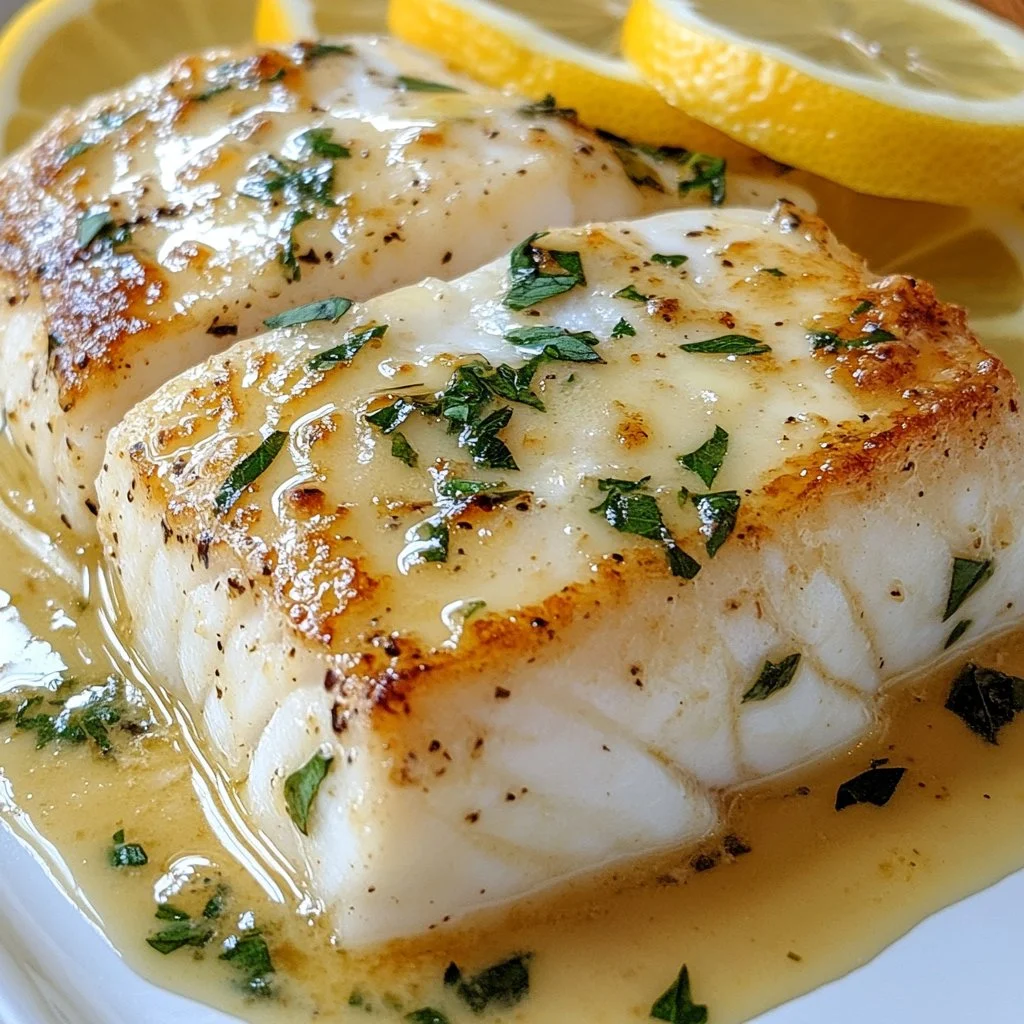 Creamy baked halibut served with herbs and lemon slices on a plate