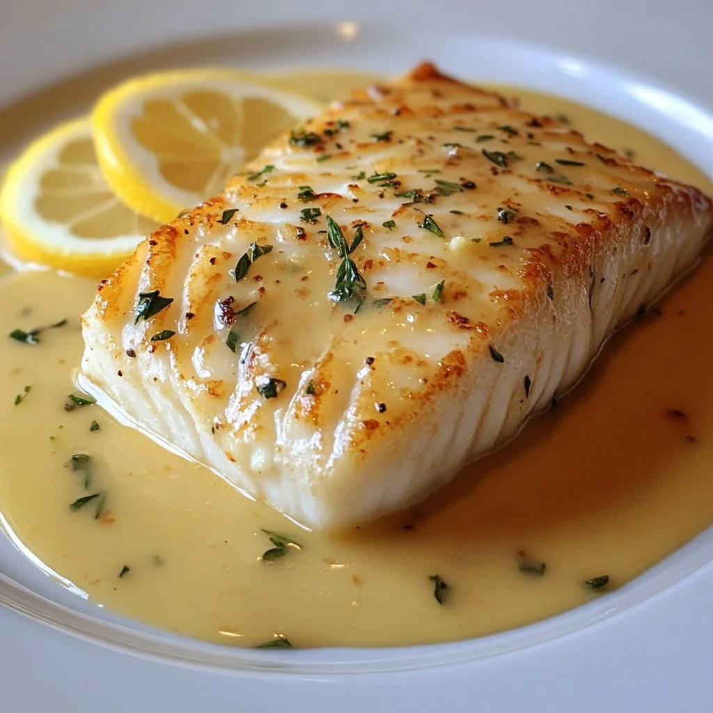 Creamy baked halibut served with herbs and seasonings