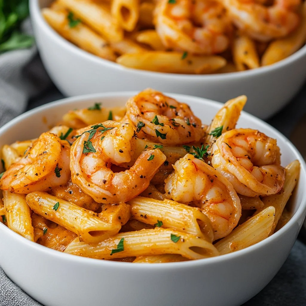 Delicious creamy Cajun shrimp pasta topped with fresh herbs and spices