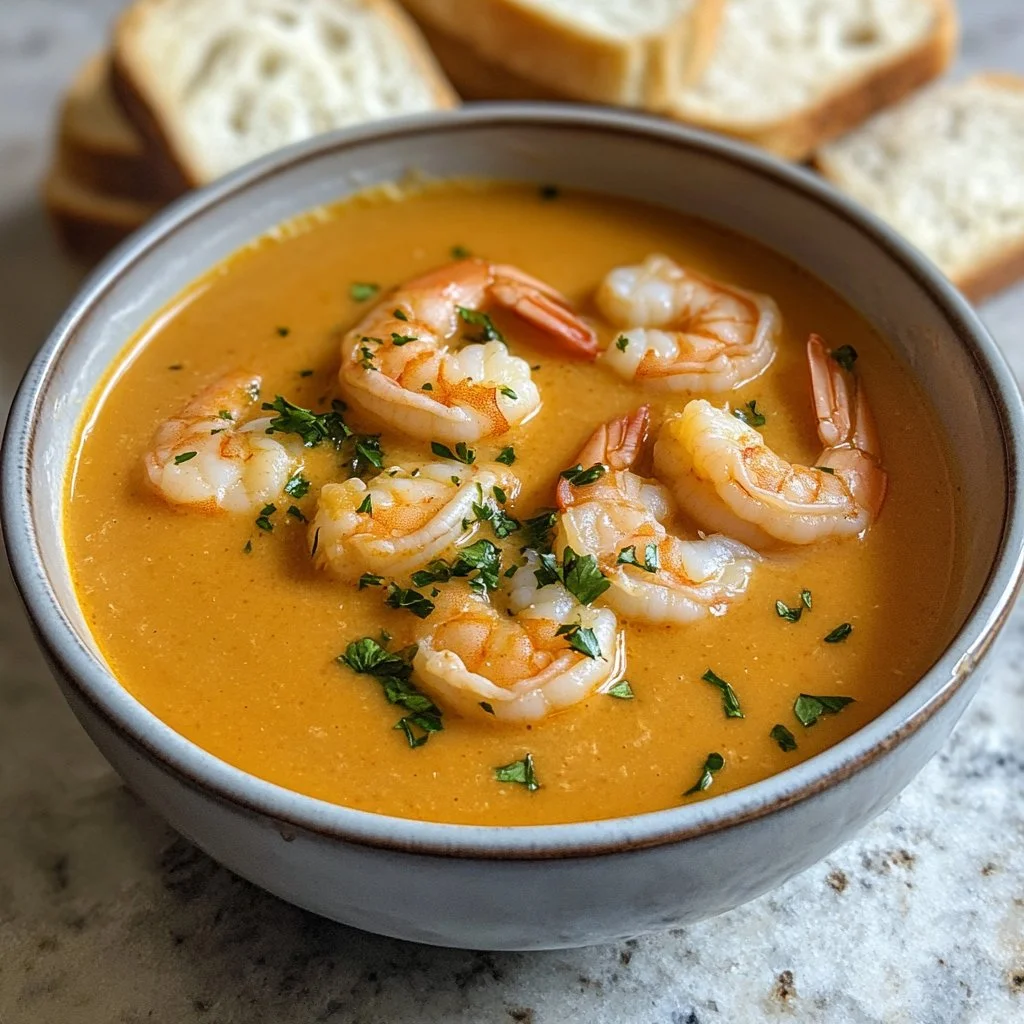Delicious creamy crab and shrimp seafood bisque in a bowl