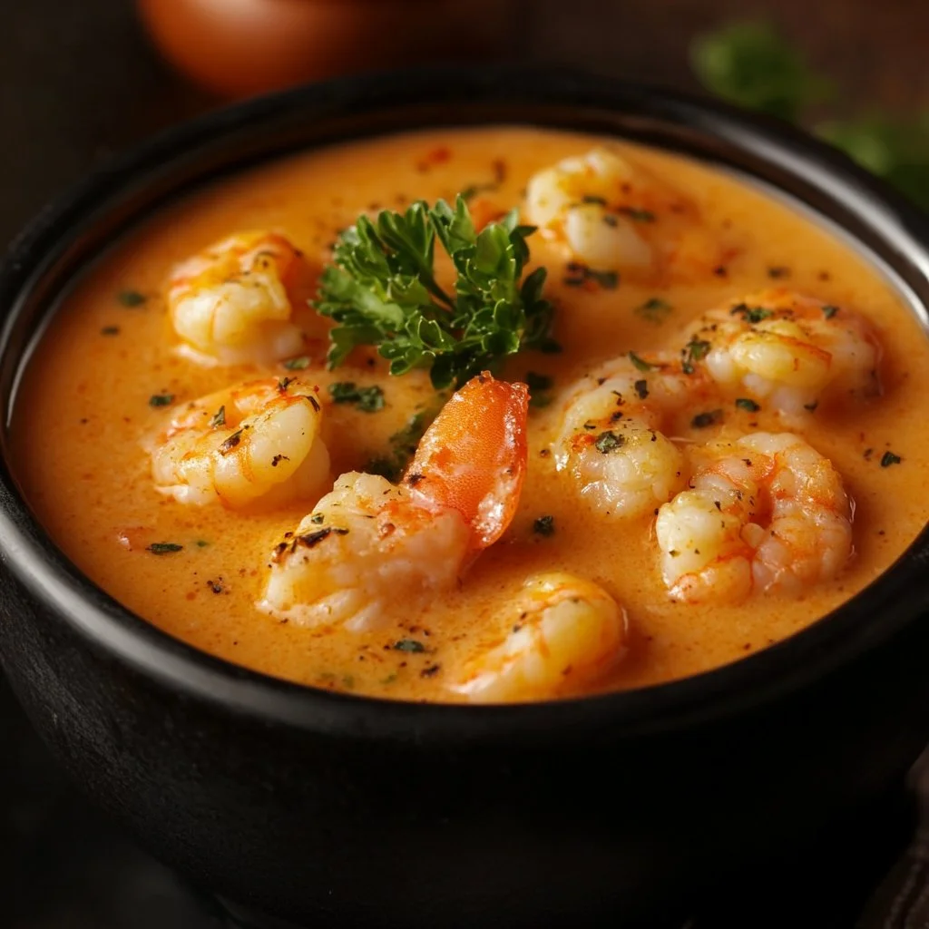 Bowl of creamy crab and shrimp seafood bisque garnished with parsley.