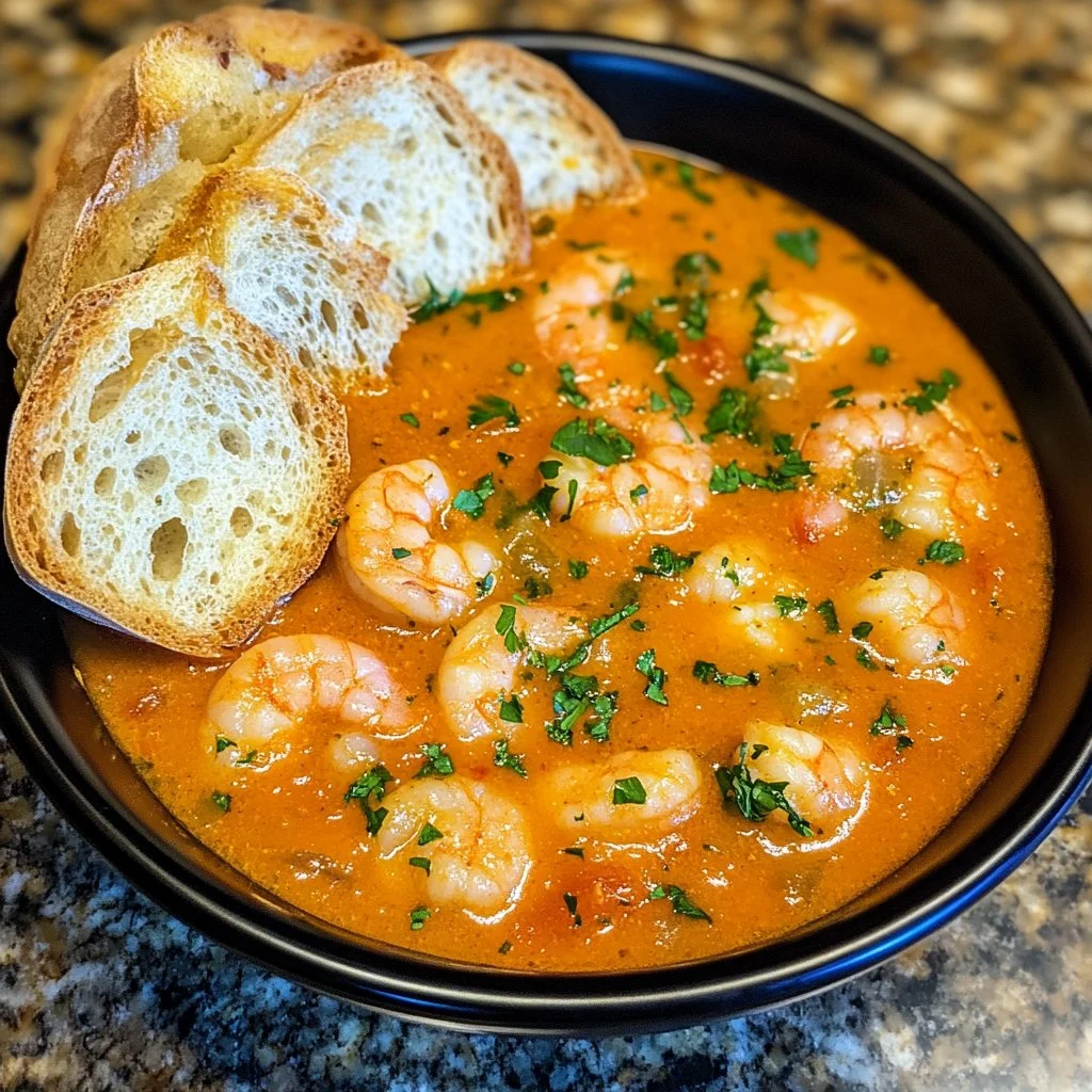 Creamy crab and shrimp seafood bisque served in a bowl with fresh herbs